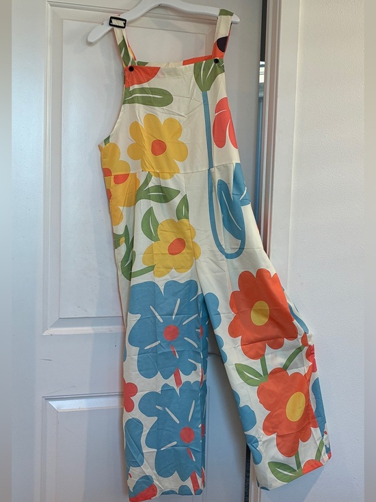 SHEIN Pants - SHEIN White Floral Wide-Leg Jumpsuit with Blue, Yellow & Coral Flowers